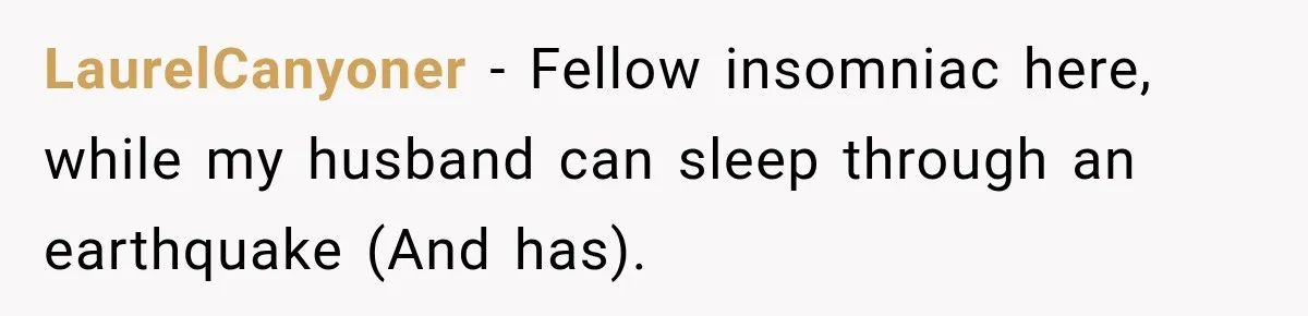 LaurelCanyoner − Fellow insomniac here, while my husband can sleep through an earthquake (And has).