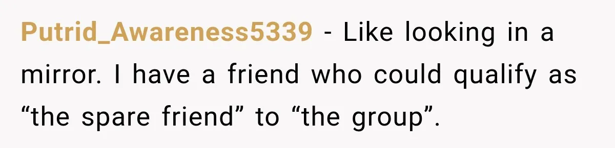 Man Cooks Dinner For Nine Friends, But Only Two Show Up And Finally Tell Him The Truth Putrid_Awareness5339 − Like looking in a mirror. I have a friend who could qualify as “the spare friend” to “the group”.