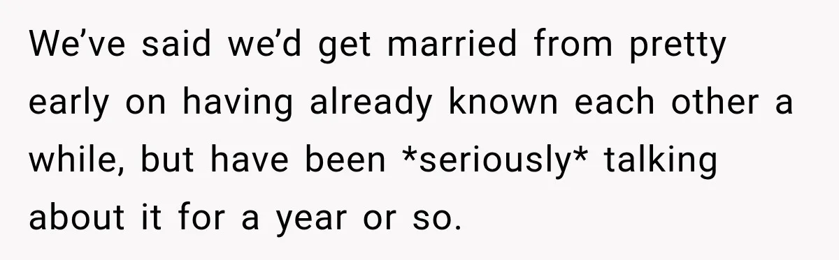 We’ve said we’d get married from pretty early on having already known each other a while, but have been *seriously* talking about it for a year or so.