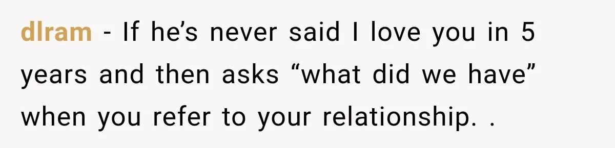 dlram − If he’s never said I love you in 5 years and then asks “what did we have” when you refer to your relationship. .