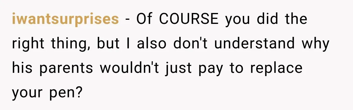 iwantsurprises − Of COURSE you did the right thing, but I also don't understand why his parents wouldn't just pay to replace your pen?