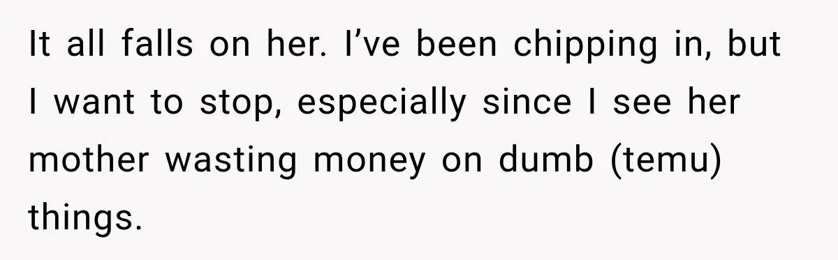It all falls on her. I’ve been chipping in, but I want to stop, especially since I see her mother wasting money on dumb (temu) things.
