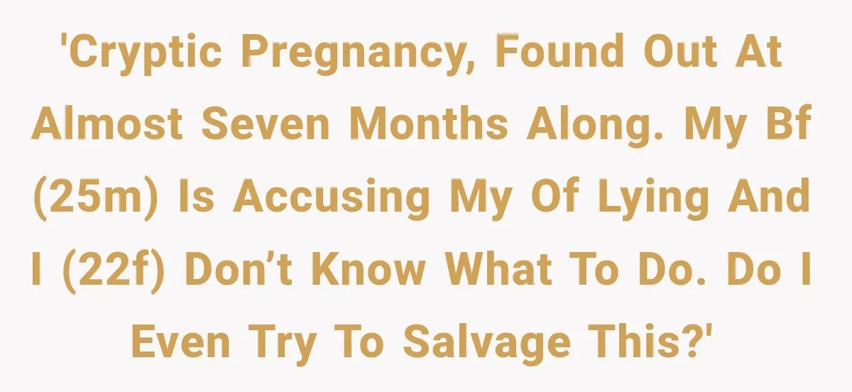 'Cryptic pregnancy, found out at almost seven months along. My BF (25M) is accusing my of lying and I (22F) don’t know what to do. Do I even try to...