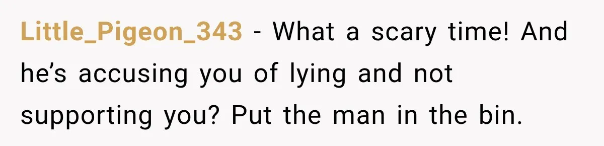 Little_Pigeon_343 − What a scary time! And he’s accusing you of lying and not supporting you? Put the man in the bin.
