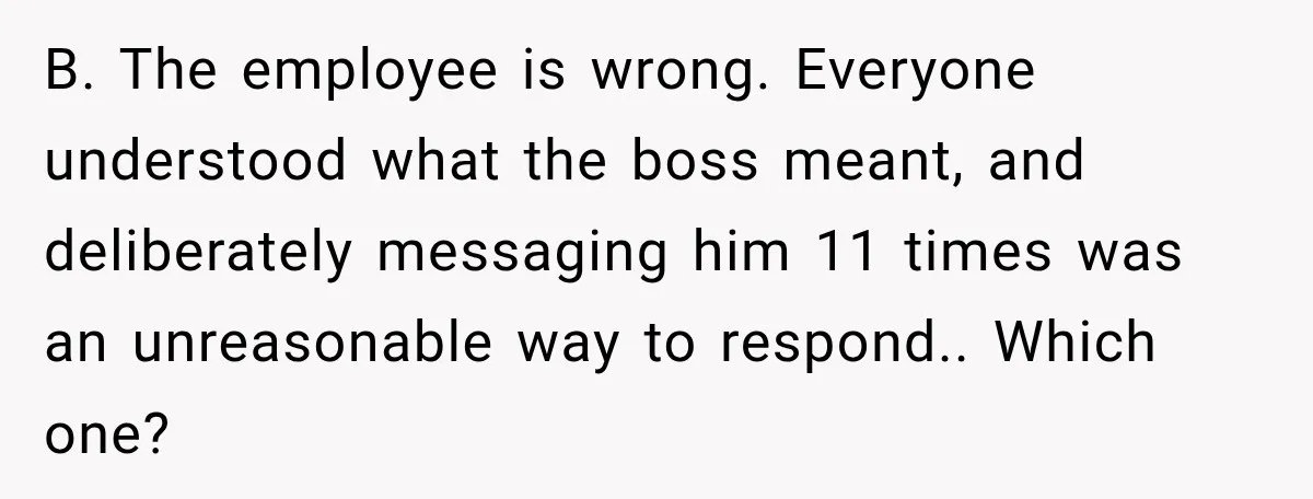 B. The employee is wrong. Everyone understood what the boss meant, and deliberately messaging him 11 times was an unreasonable way to respond.. Which one?