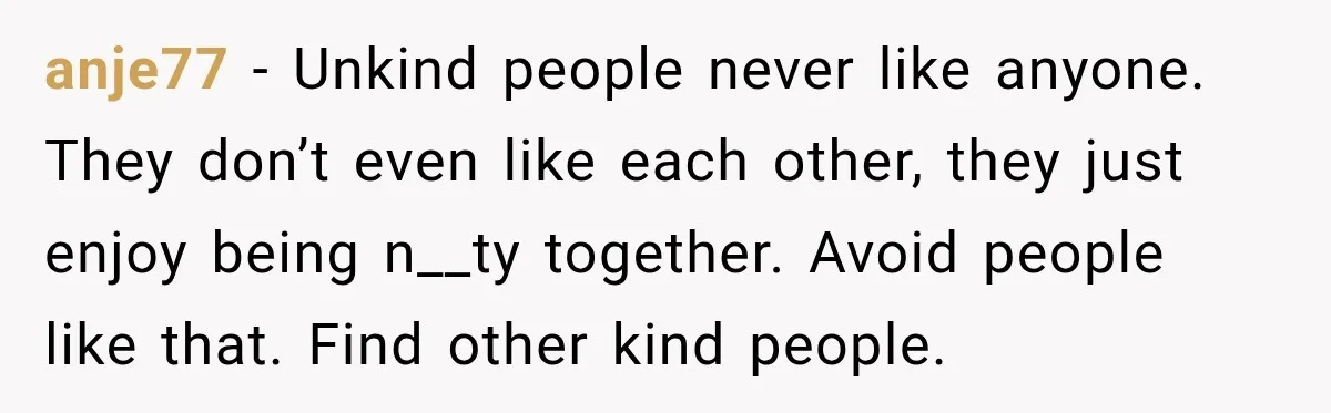 anje77 − Unkind people never like anyone. They don’t even like each other, they just enjoy being n__ty together. Avoid people like that. Find other kind people.