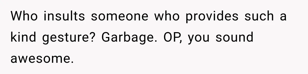 Who insults someone who provides such a kind gesture? Garbage. OP, you sound awesome.