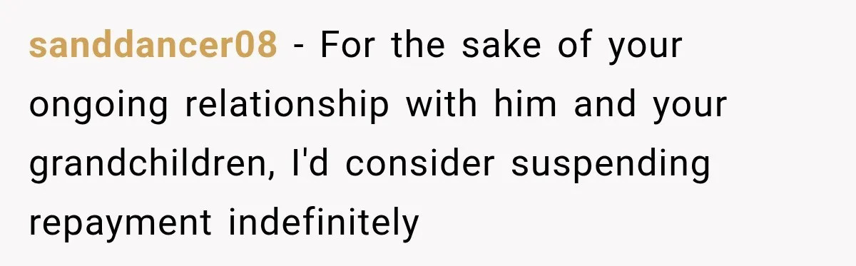 sanddancer08 − For the sake of your ongoing relationship with him and your grandchildren, I'd consider suspending repayment indefinitely