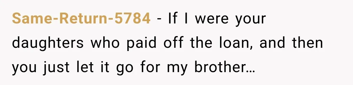 Same-Return-5784 − If I were your daughters who paid off the loan, and then you just let it go for my brother…