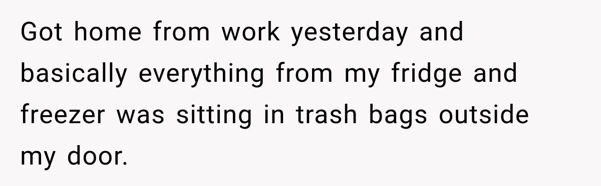 Got home from work yesterday and basically everything from my fridge and freezer was sitting in trash bags outside my door.