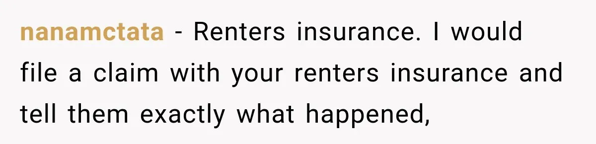 nanamctata − Renters insurance. I would file a claim with your renters insurance and tell them exactly what happened,