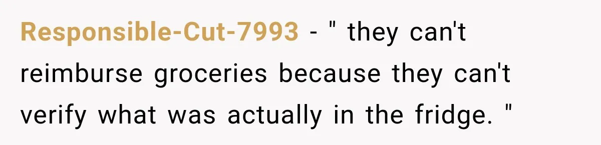 Responsible-Cut-7993 − " they can't reimburse groceries because they can't verify what was actually in the fridge. "
