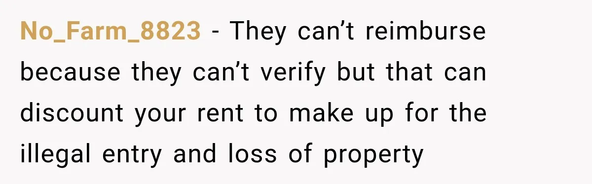 No_Farm_8823 − They can’t reimburse because they can’t verify but that can discount your rent to make up for the illegal entry and loss of property