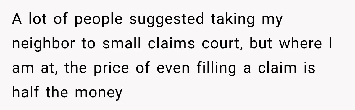 A lot of people suggested taking my neighbor to small claims court, but where I am at, the price of even filling a claim is half the money