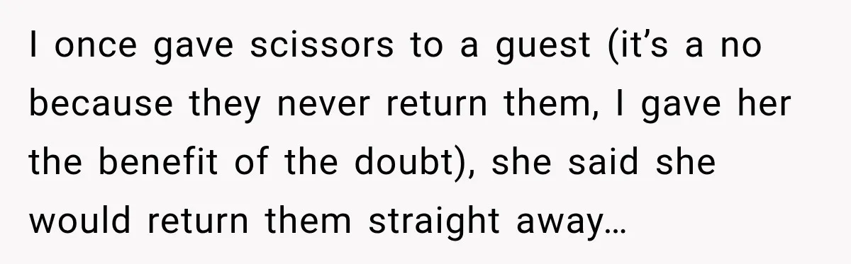 I once gave scissors to a guest (it’s a no because they never return them, I gave her the benefit of the doubt), she said she would return them straight...