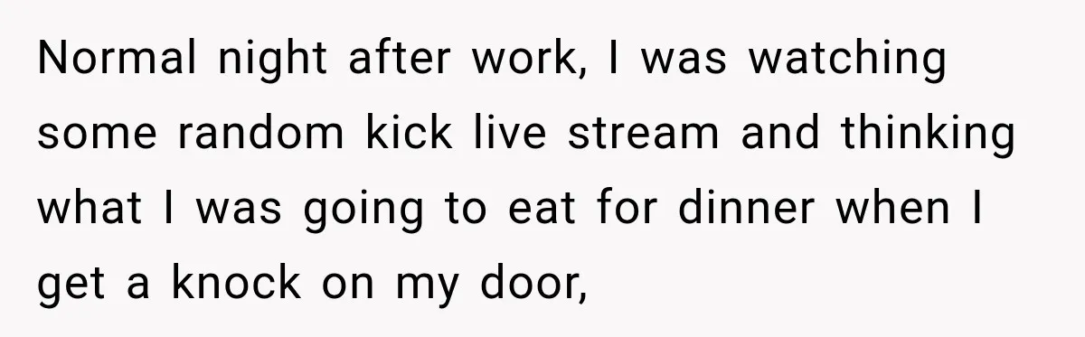 Normal night after work, I was watching some random kick live stream and thinking what I was going to eat for dinner when I get a knock on my door,