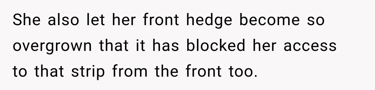 She also let her front hedge become so overgrown that it has blocked her access to that strip from the front too.