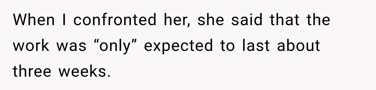 When I confronted her, she said that the work was “only” expected to last about three weeks.