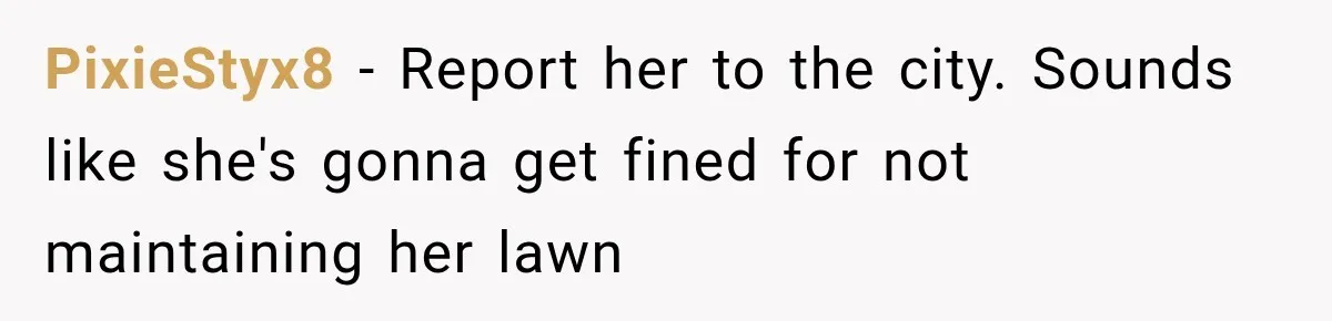PixieStyx8 − Report her to the city. Sounds like she's gonna get fined for not maintaining her lawn
