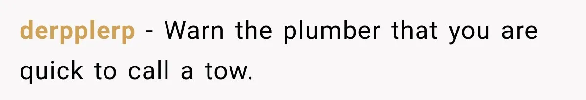 derpplerp − Warn the plumber that you are quick to call a tow.