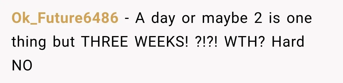 Ok_Future6486 − A day or maybe 2 is one thing but THREE WEEKS! ?!?! WTH? Hard NO