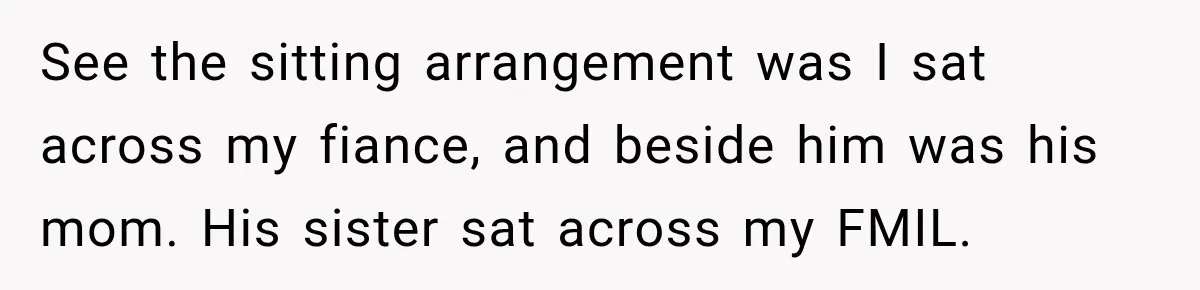 Pregnant Woman’s Future Mother-In-Law Thinks She’s The One Having A Baby See the sitting arrangement was I sat across my fiance, and beside him was his mom. His sister sat across my FMIL.