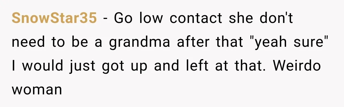 Pregnant Woman’s Future Mother-In-Law Thinks She’s The One Having A Baby SnowStar35 − Go low contact she don't need to be a grandma after that "yeah sure" I would just got up and left at that. Weirdo woman