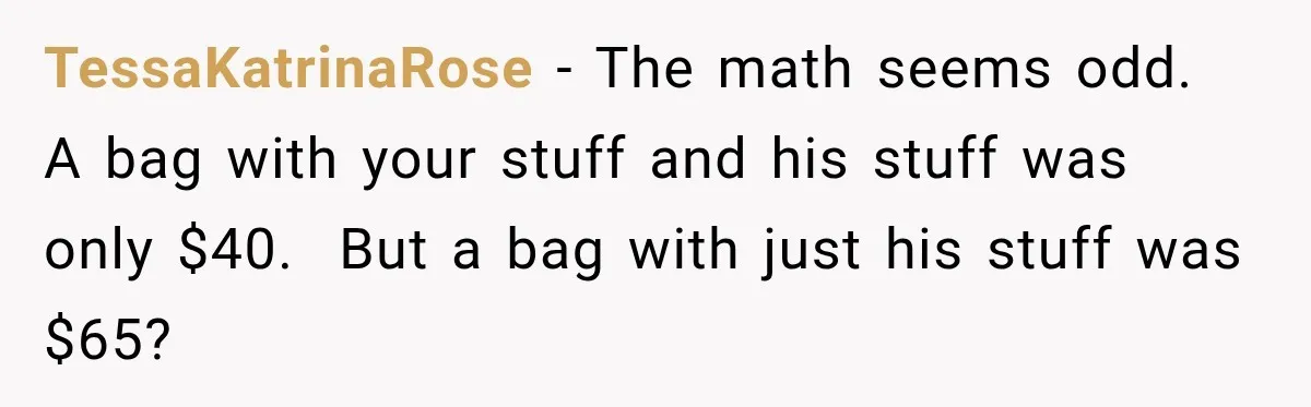 Friend Secretly Packs His Things Into Her Checked Bag, Then Gets Mad When She Takes Them Out TessaKatrinaRose − The math seems odd. A bag with your stuff and his stuff was only $40. But a bag with just his stuff was $65?