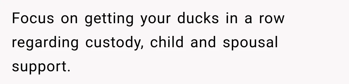 Focus on getting your ducks in a row regarding custody, child and spousal support.