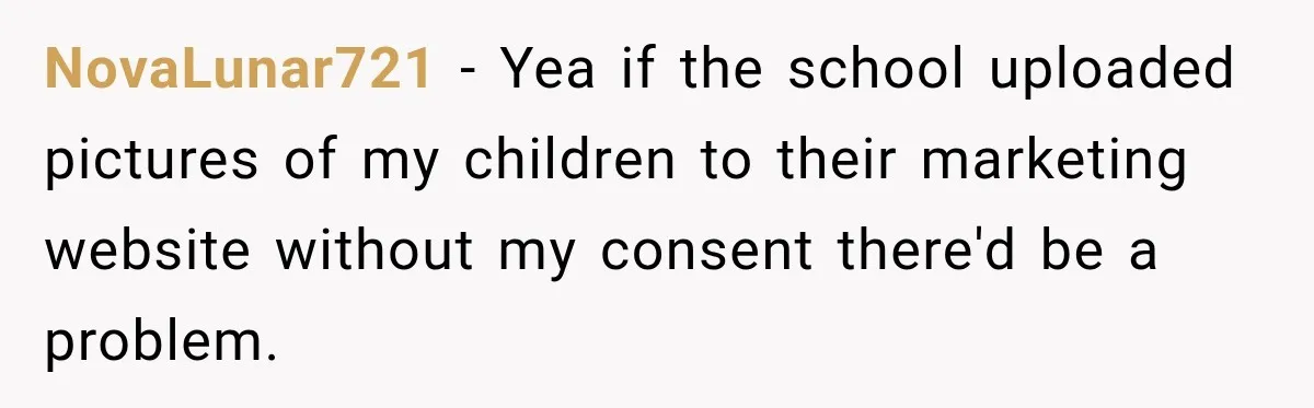 NovaLunar721 − Yea if the school uploaded pictures of my children to their marketing website without my consent there'd be a problem.