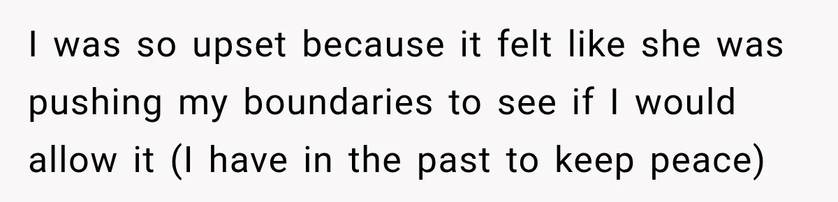 I was so upset because it felt like she was pushing my boundaries to see if I would allow it (I have in the past to keep peace)