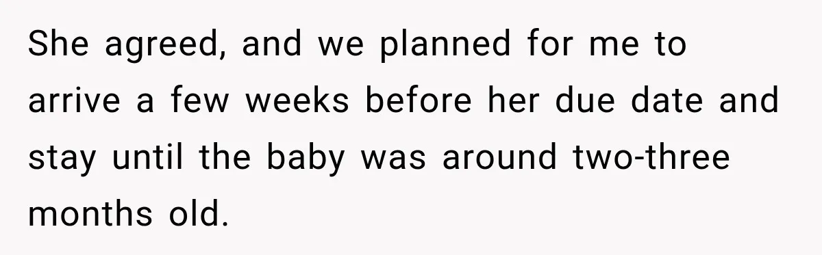 She agreed, and we planned for me to arrive a few weeks before her due date and stay until the baby was around two-three months old.