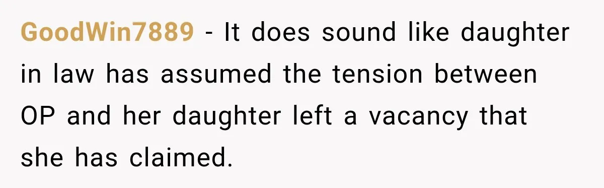 GoodWin7889 − It does sound like daughter in law has assumed the tension between OP and her daughter left a vacancy that she has claimed.