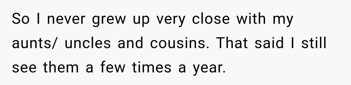Bride Refuses To Share Wedding Photographer After Aunt Requests A Free Family Photoshoot So I never grew up very close with my aunts/ uncles and cousins. That said I still see them a few times a year.