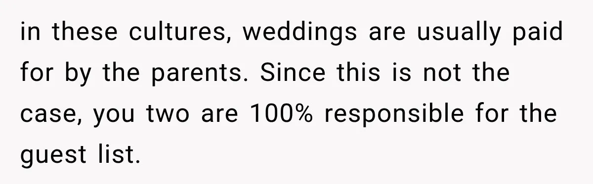 Bride Laughs When Future Sister-In-Law Demands 20 Extra Wedding Guests For Her “Family” in these cultures, weddings are usually paid for by the parents. Since this is not the case, you two are 100% responsible for the guest list.