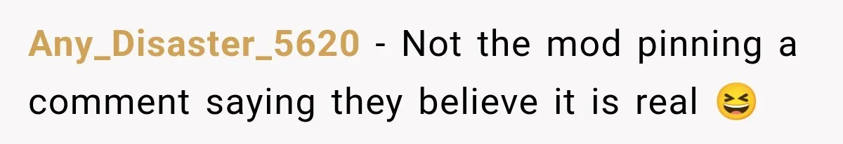 Any_Disaster_5620 − Not the mod pinning a comment saying they believe it is real 😆
