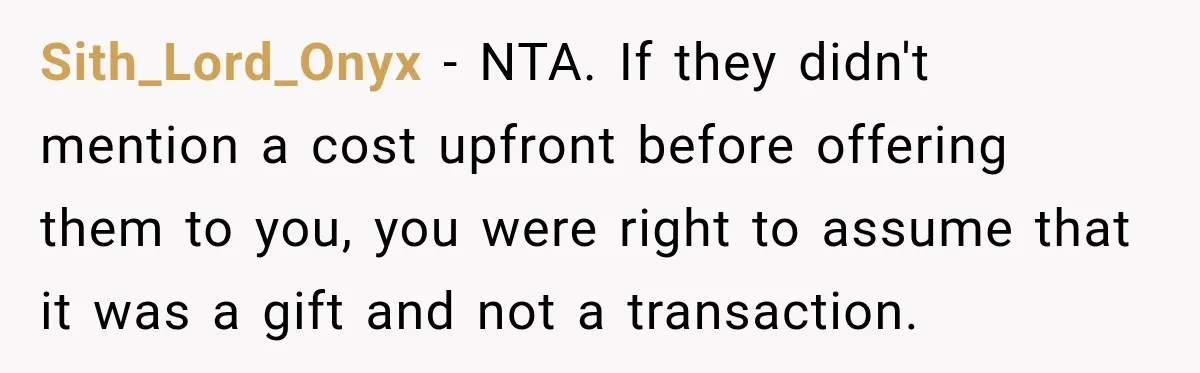 Sith_Lord_Onyx − NTA. If they didn't mention a cost upfront before offering them to you, you were right to assume that it was a gift and not a transaction.