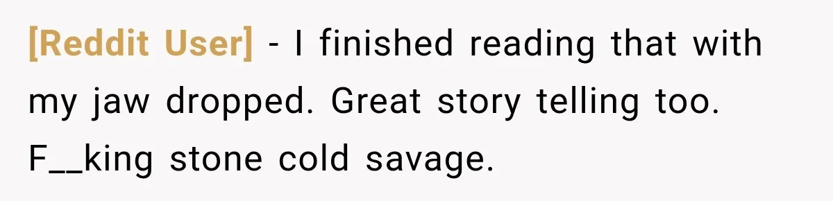 [Reddit User] − I finished reading that with my jaw dropped. Great story telling too. F__king stone cold savage.