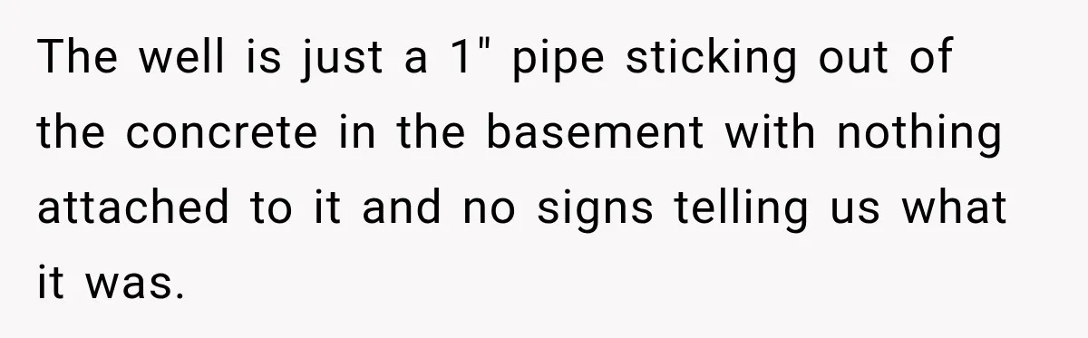 The well is just a 1" pipe sticking out of the concrete in the basement with nothing attached to it and no signs telling us what it was.