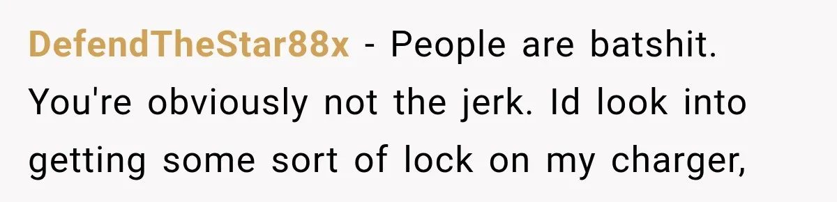 DefendTheStar88x − People are batshit. You're obviously not the jerk. Id look into getting some sort of lock on my charger,