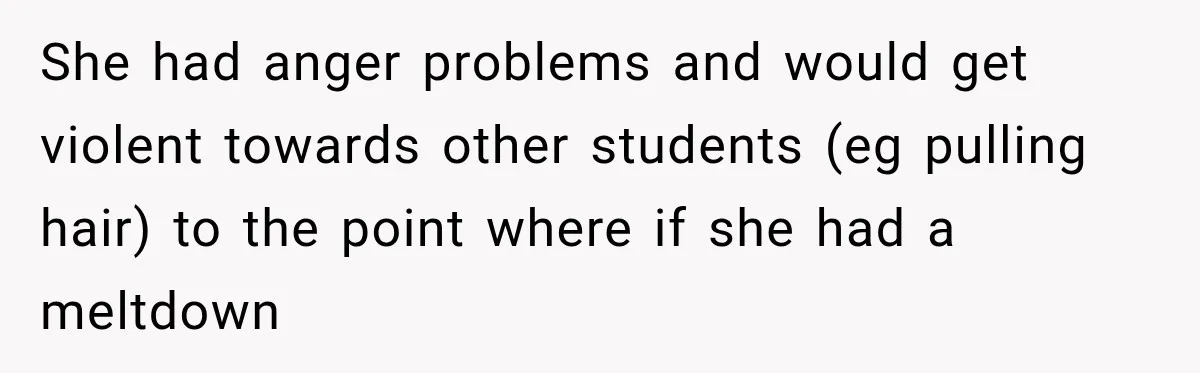 She had anger problems and would get violent towards other students (eg pulling hair) to the point where if she had a meltdown
