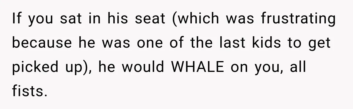 If you sat in his seat (which was frustrating because he was one of the last kids to get picked up), he would WHALE on you, all fists.