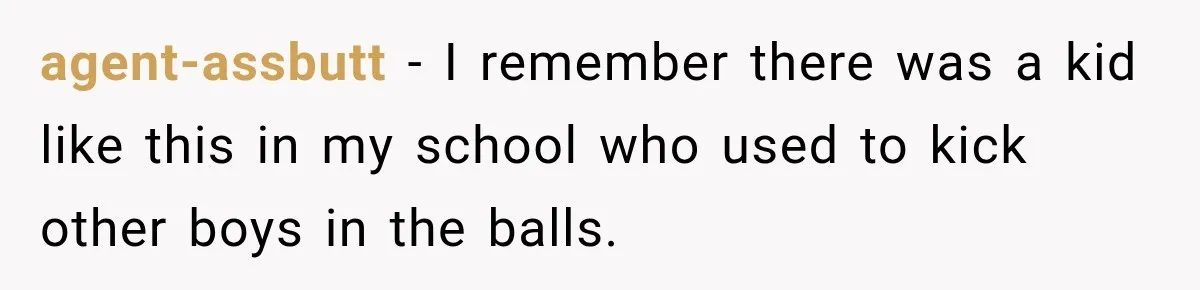 agent-assbutt − I remember there was a kid like this in my school who used to kick other boys in the balls.
