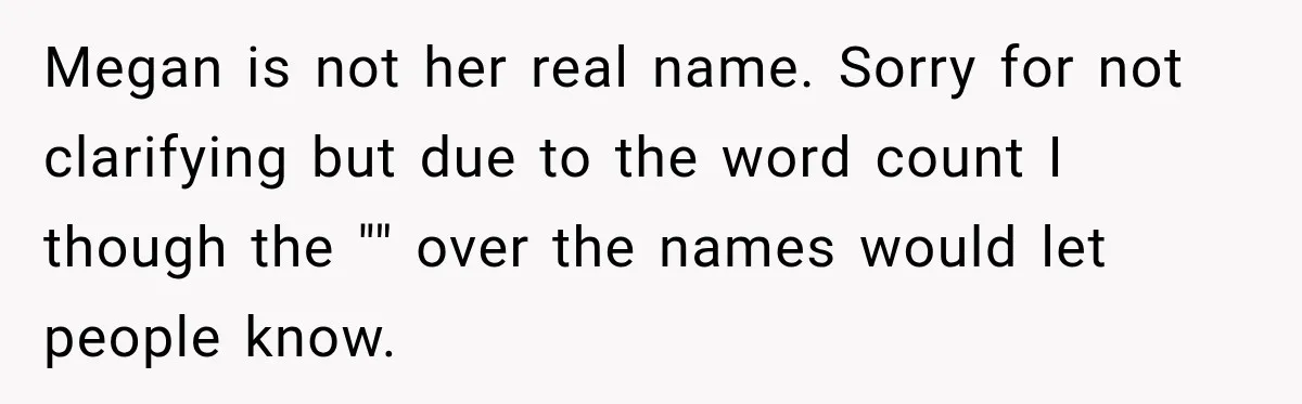Megan is not her real name. Sorry for not clarifying but due to the word count I though the "" over the names would let people know.