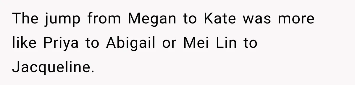 The jump from Megan to Kate was more like Priya to Abigail or Mei Lin to Jacqueline.