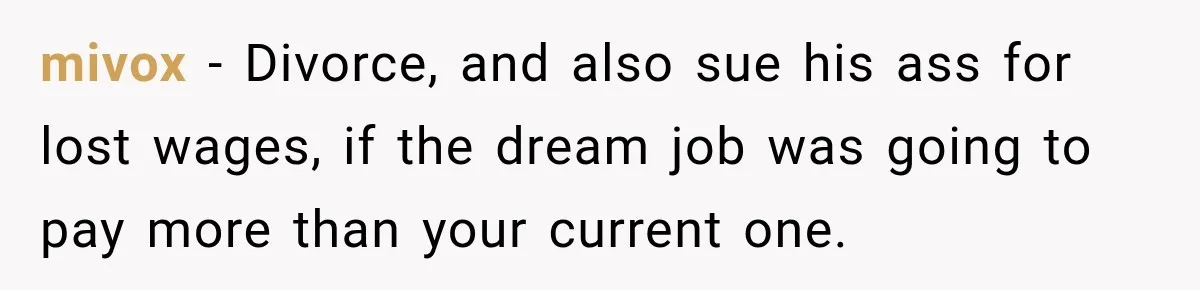 mivox − Divorce, and also sue his ass for lost wages, if the dream job was going to pay more than your current one.