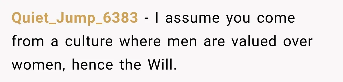 Quiet_Jump_6383 − I assume you come from a culture where men are valued over women, hence the Will.