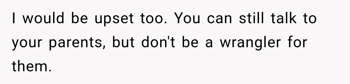 I would be upset too. You can still talk to your parents, but don't be a wrangler for them.