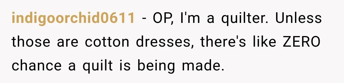 indigoorchid0611 − OP, I'm a quilter. Unless those are cotton dresses, there's like ZERO chance a quilt is being made.