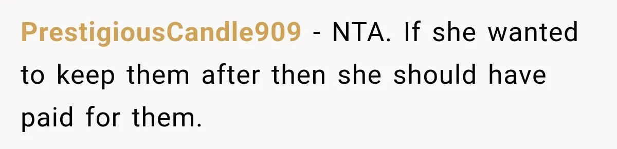 PrestigiousCandle909 − NTA. If she wanted to keep them after then she should have paid for them.